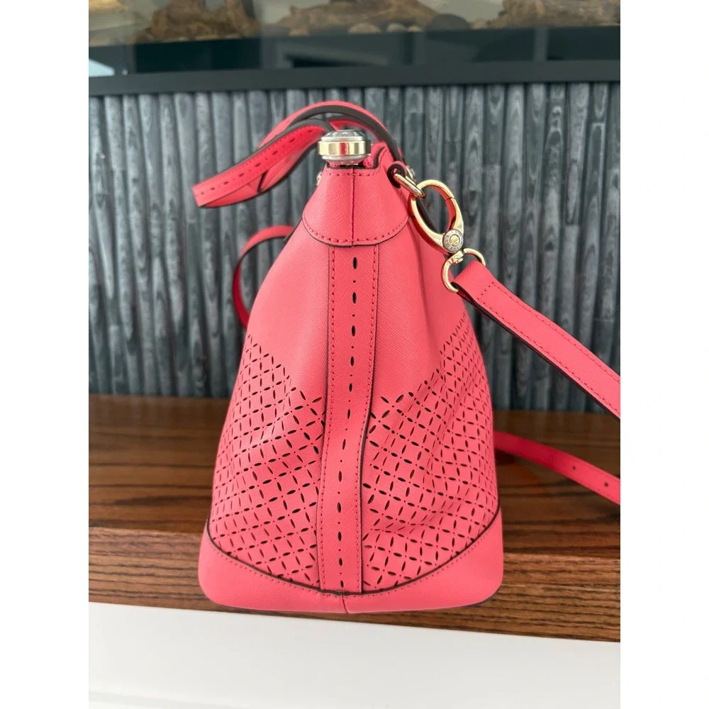 Henri Bendel West 57th Perforated Satchel and Wallet Set Coral Pink Saffiano